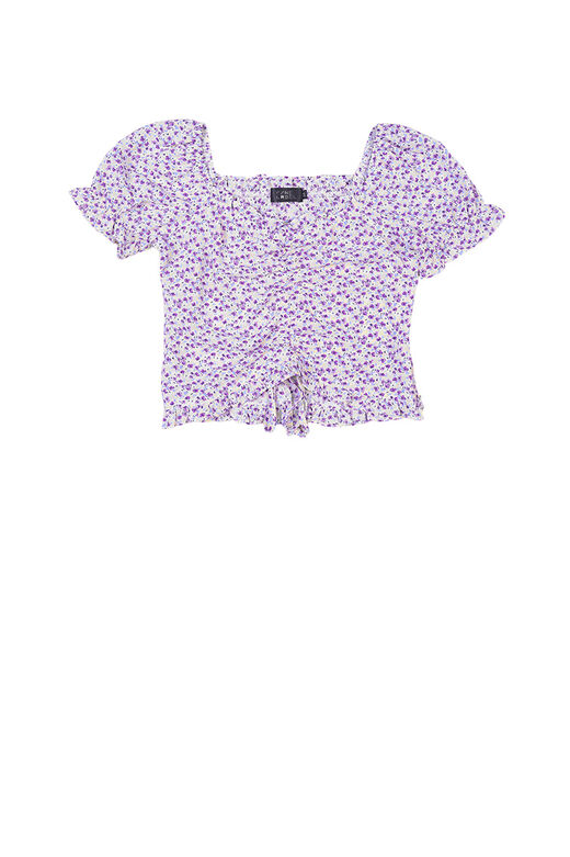 Fine Puff Sleeve Frill Hem Floral Print Center Drawstring Top (Purple)